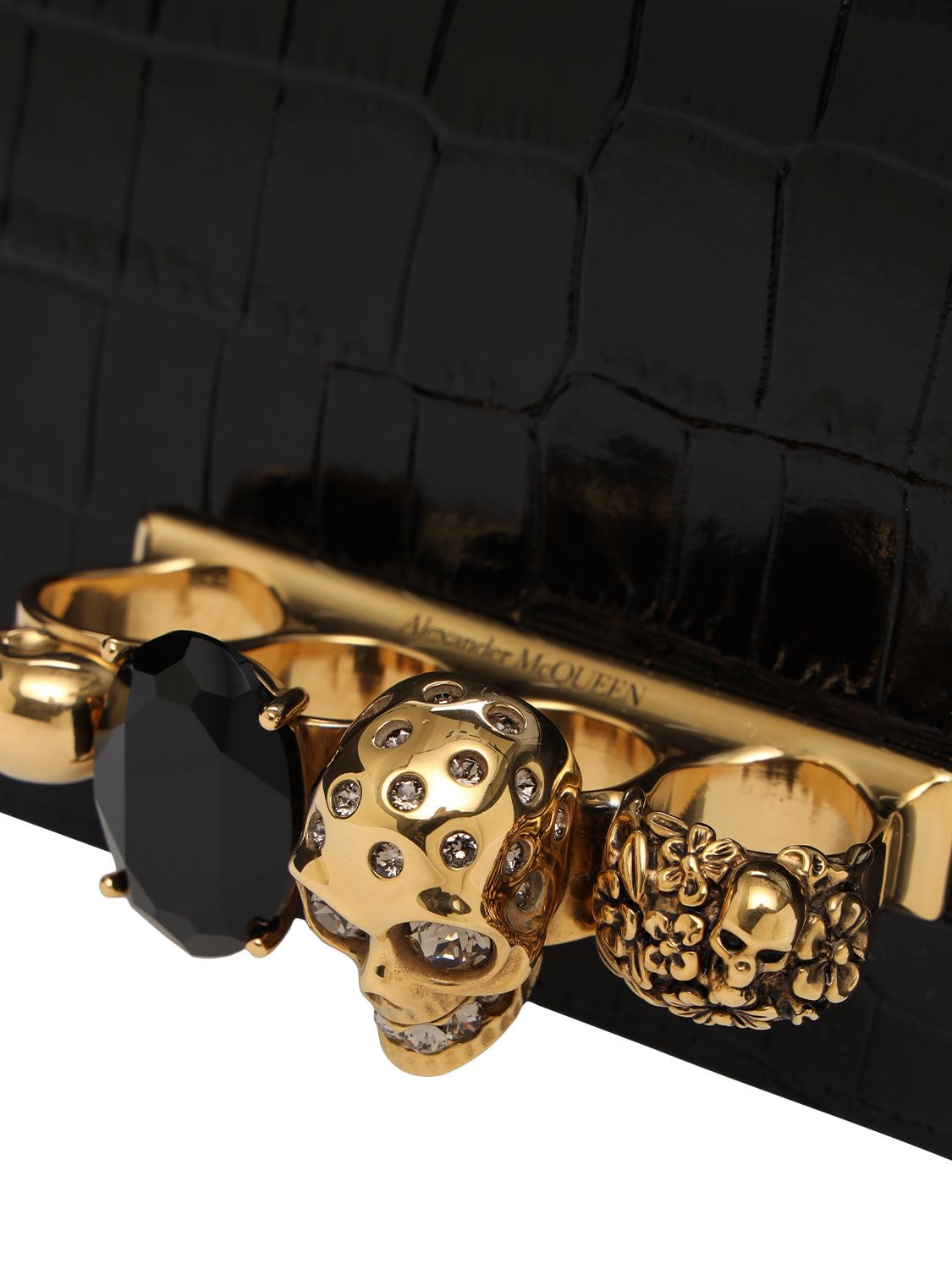 Shop Alexander Mcqueen Mini Jeweled Croc Embossed Shoulder Bag In Black
