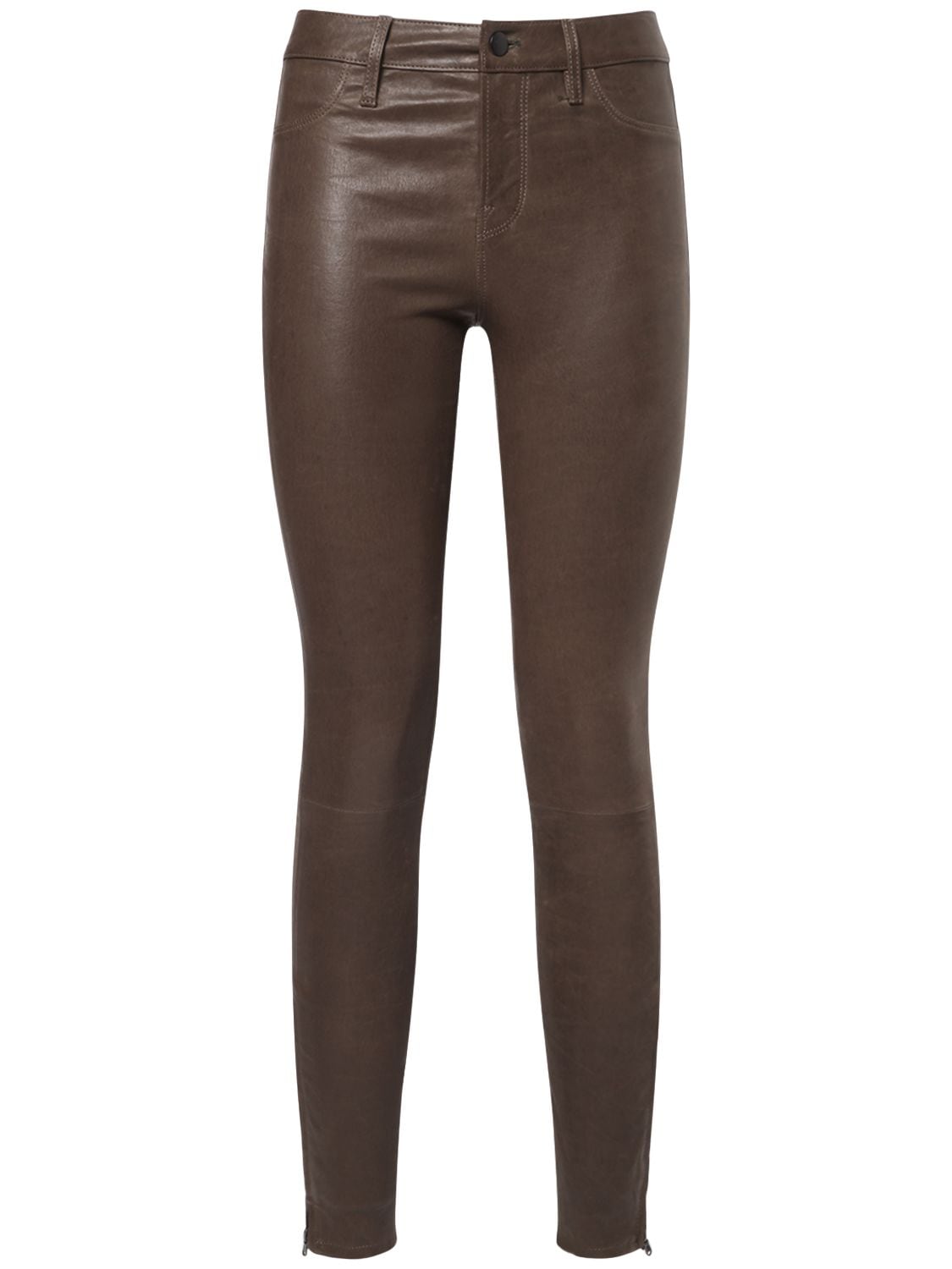 J Brand Mid Waist Super Skinny Leather  Pants In Military Green