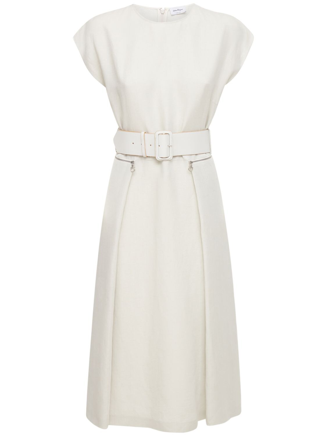 FERRAGAMO GABARDINE MIDI DRESS W/ LEATHER BELT,73IAH8001-MDMW0