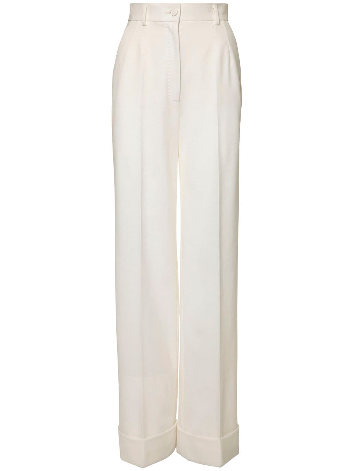 Dolce & Gabbana High Waist Stretch Wool Wide Leg Pants In Off White