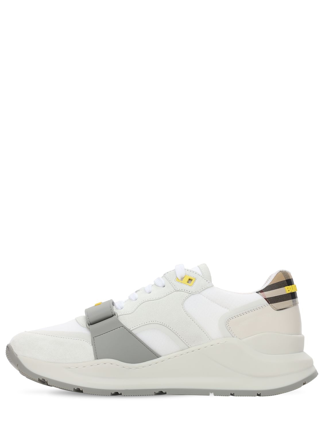 Shop Burberry Ramsey Tech & Leather Low Sneakers In White
