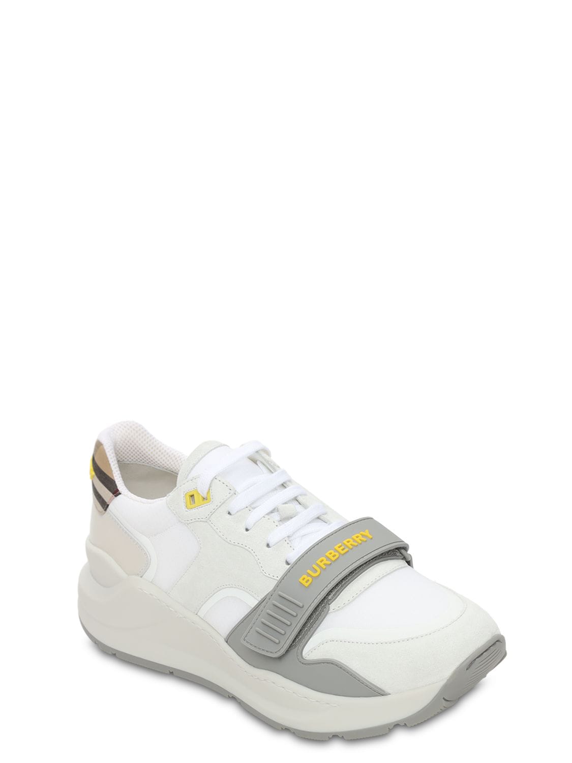 Shop Burberry Ramsey Tech & Leather Low Sneakers In White