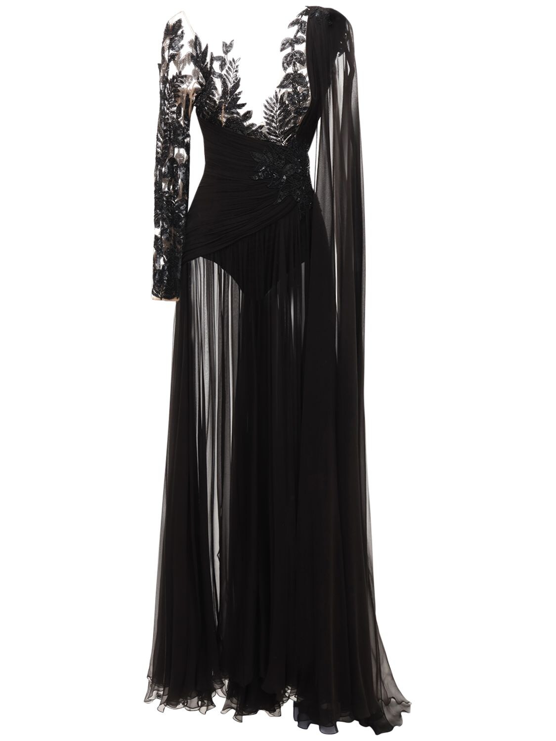 Zuhair Murad Beaded Chiffon Long Dress W/side Drape In Black | ModeSens