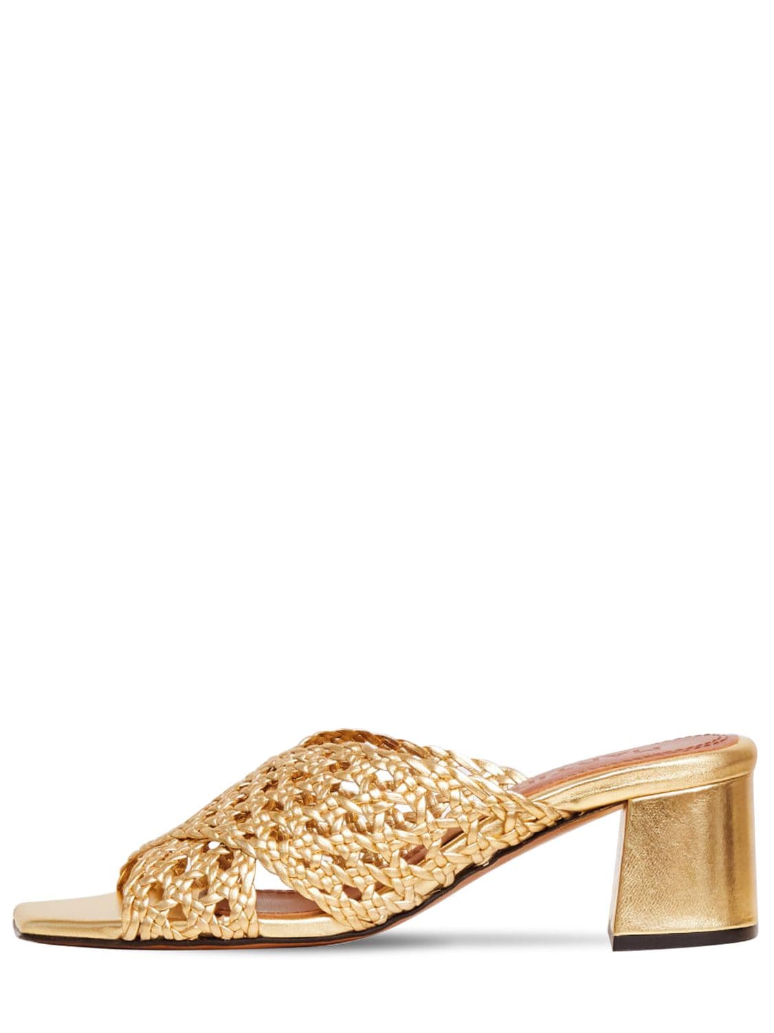 Souliers Martinez 50mm Woven Metallic Leather Mules In Gold