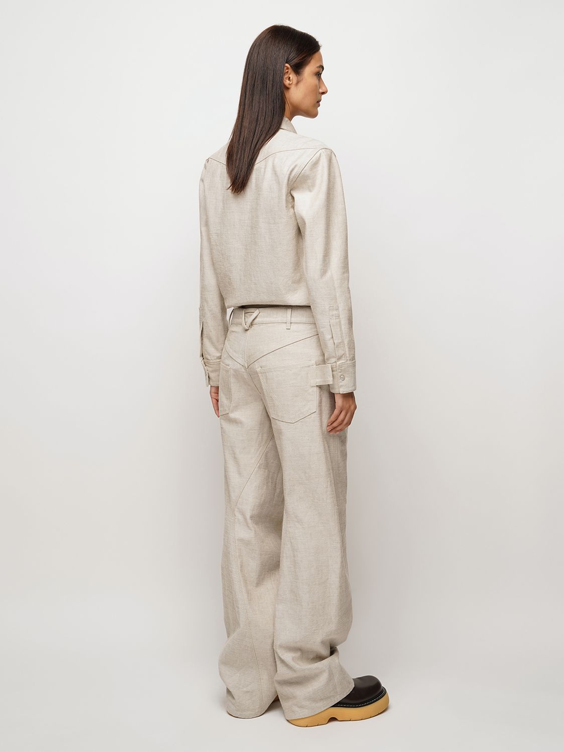 Bottega Veneta Raw Denim Wide Leg Pants In Light Beige | ModeSens