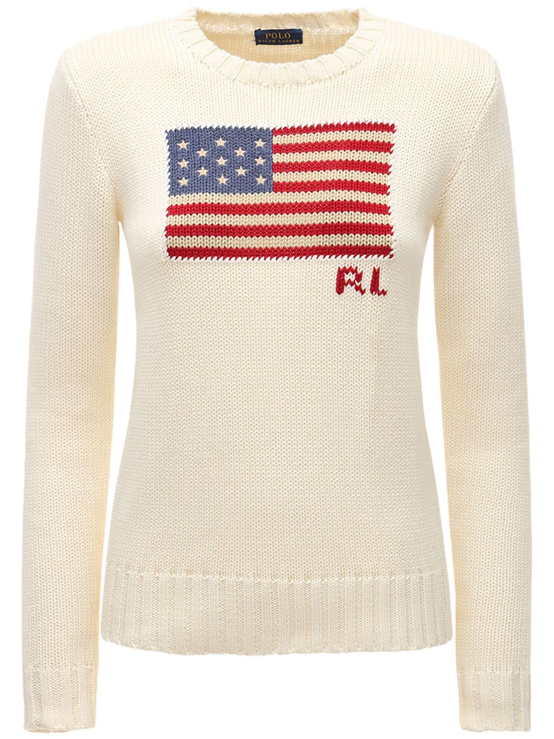 Polo Ralph Lauren American Flag Intarsia Cotton Sweater In Whitemulti Modesens