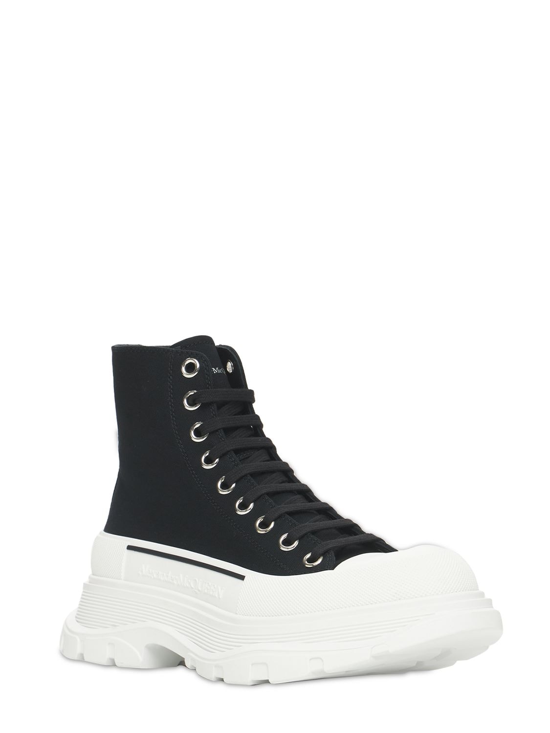 Shop Alexander Mcqueen 45mm Tread Slick Canvas Combat Boots In Black,white