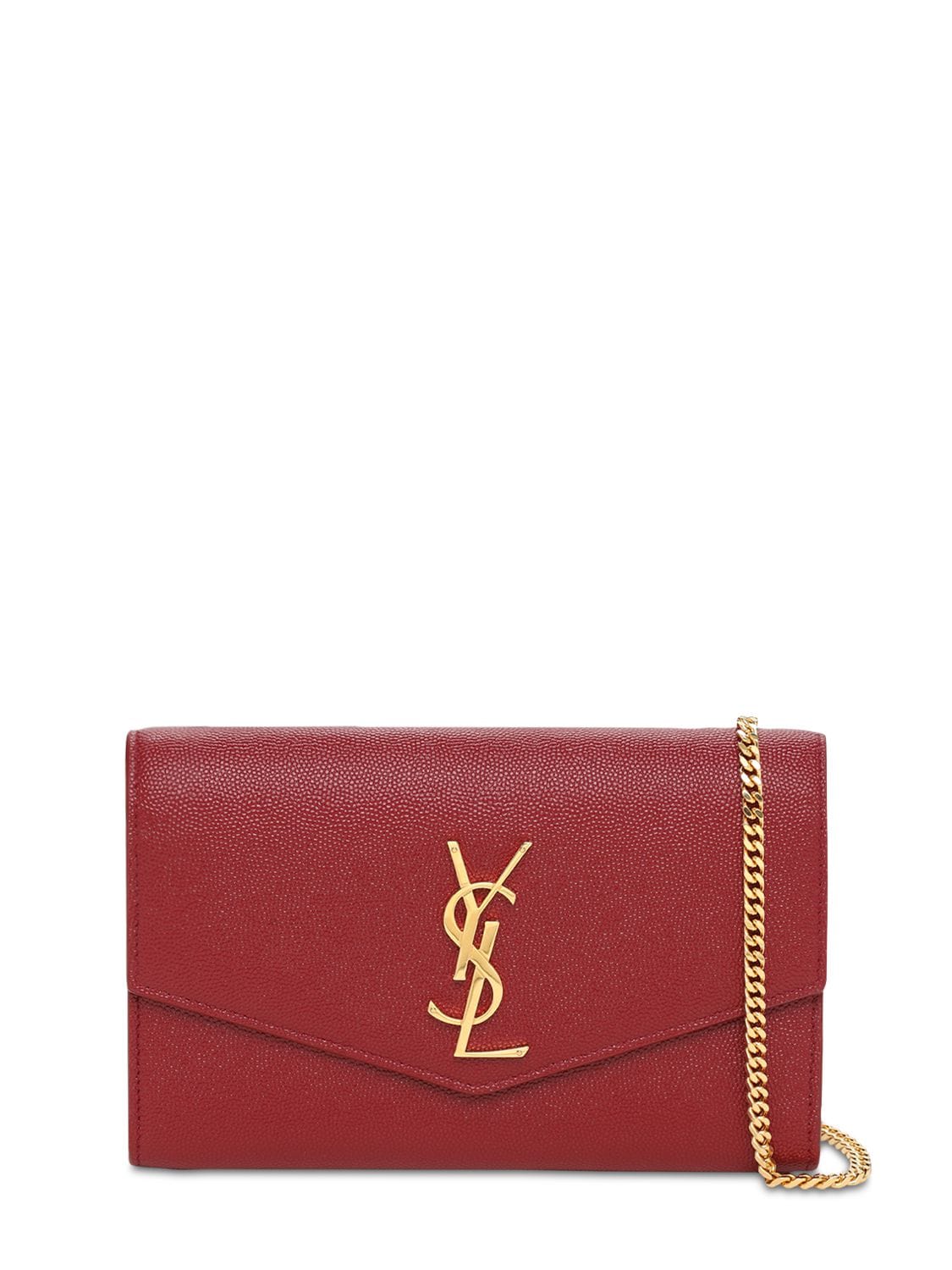 Saint Laurent Uptown Grained Leather Chain Wallet In Opyum Red