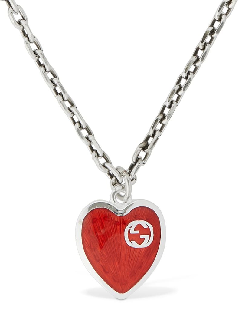 Gucci Heart Enamel Charm Chain Necklace In Silver,red