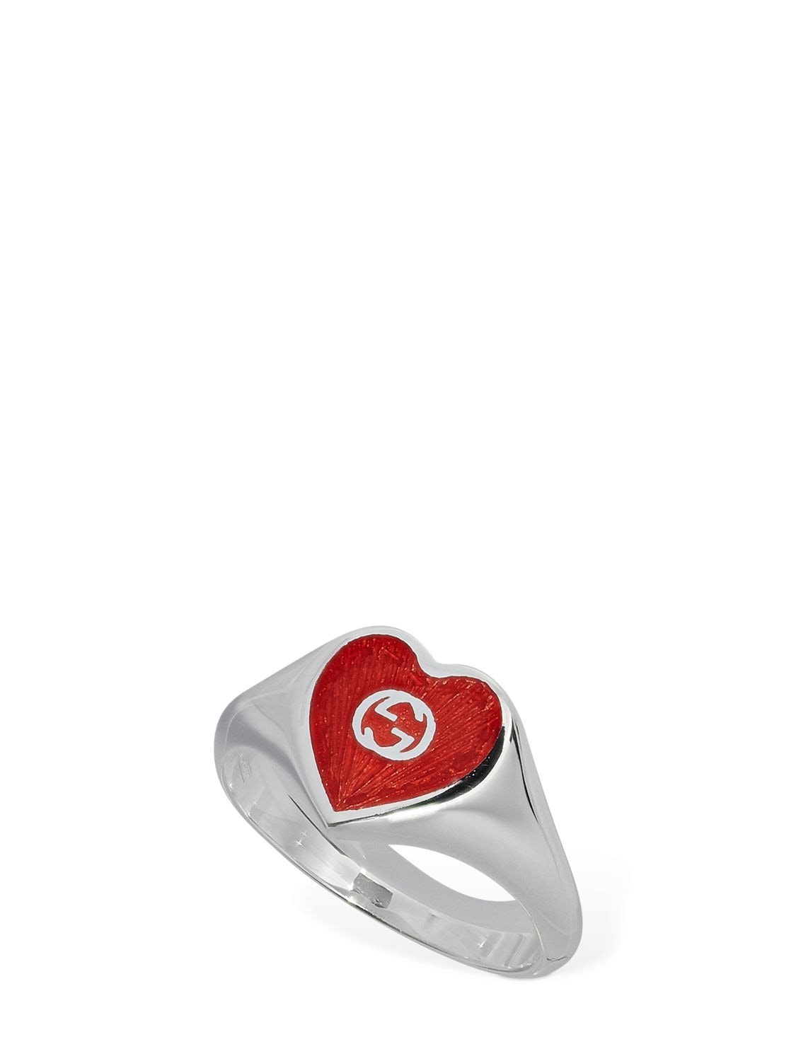 Shop Gucci Interlocking G Heart Enamel Ring In Silver,red