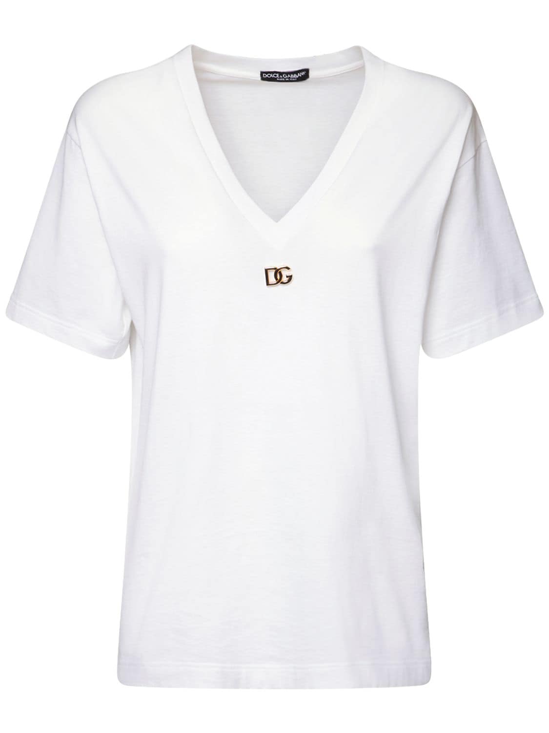 DOLCE & GABBANA 金属LOGO棉质平纹针织V领T恤,73IG4F042-VZA4MDA1