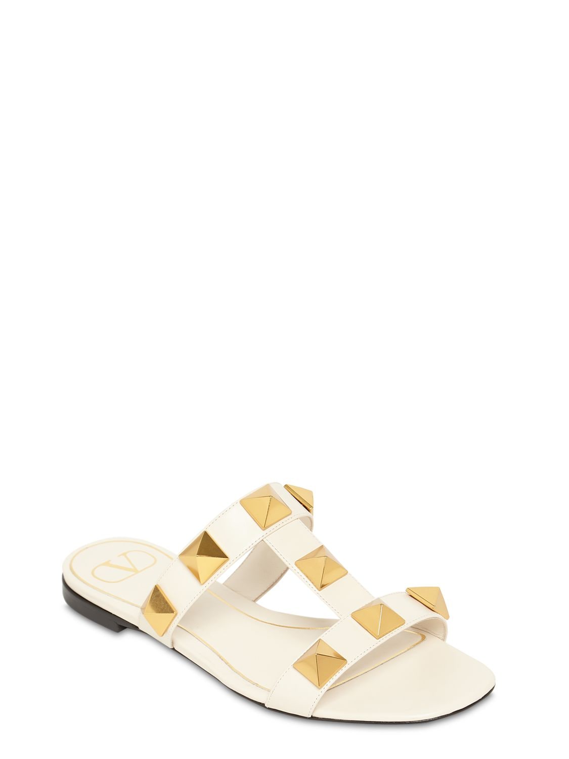 Shop Valentino 10mm Roman Studs Leather Slides In Ivory