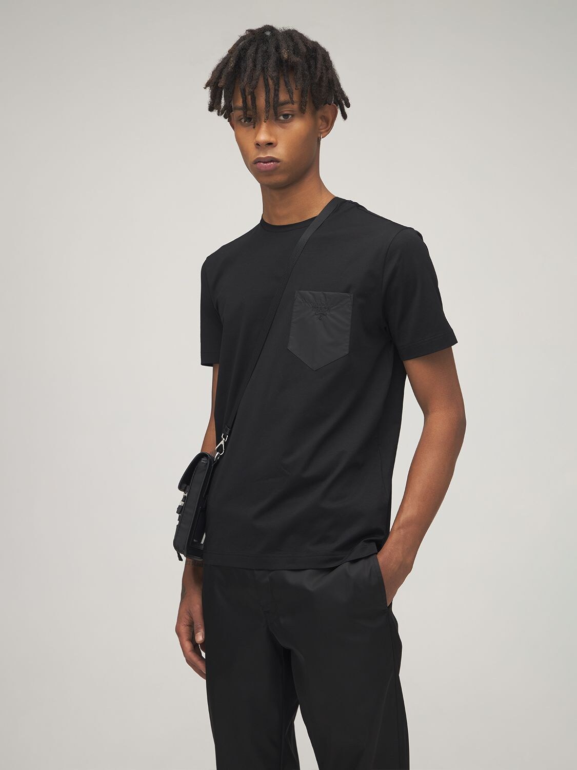 Shop Prada Cotton Crewneck T-shirt W/ Logo Pocket In Black