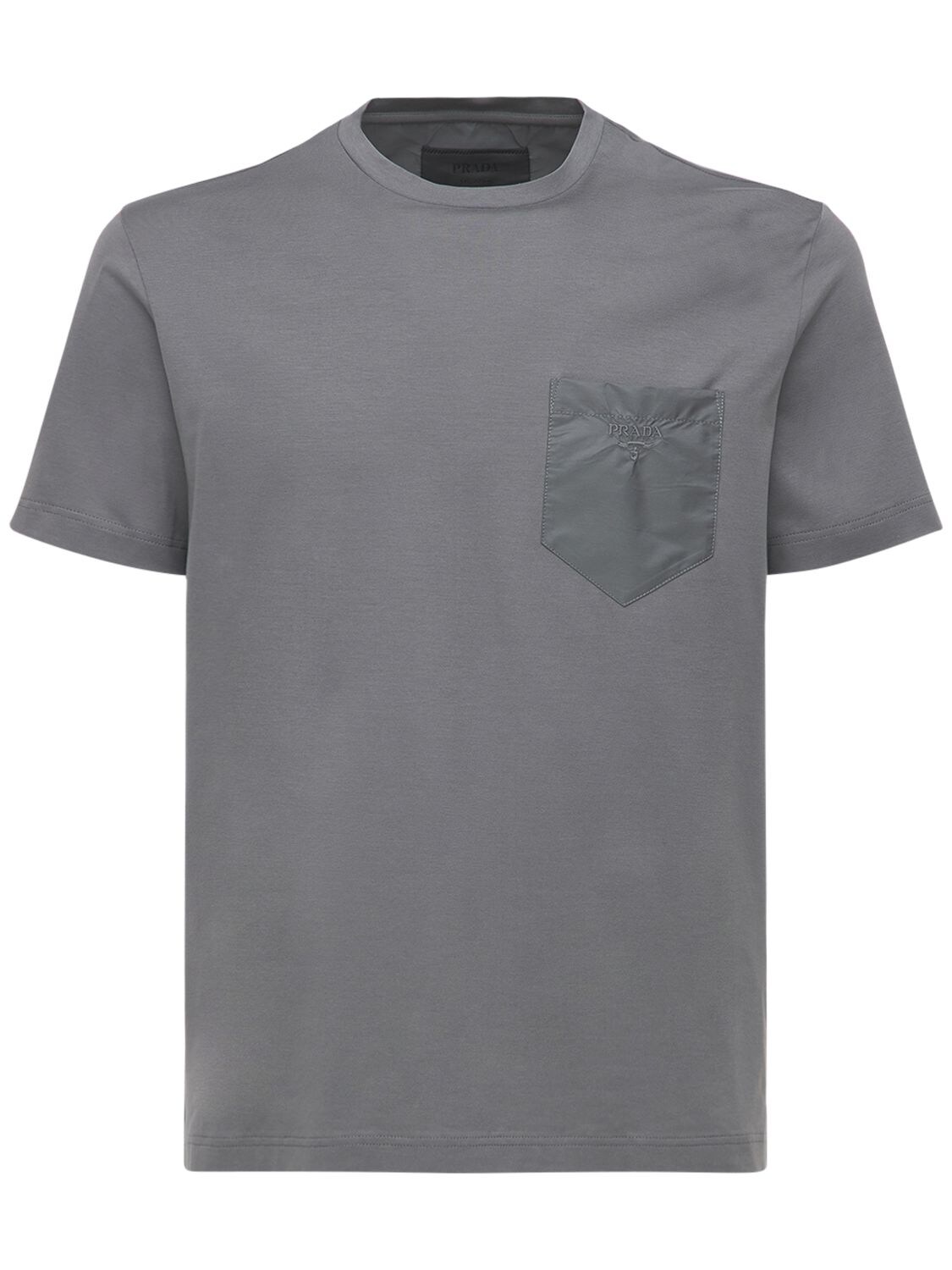 Prada Cotton Crewneck T-shirt W/ Logo Pocket In Grey