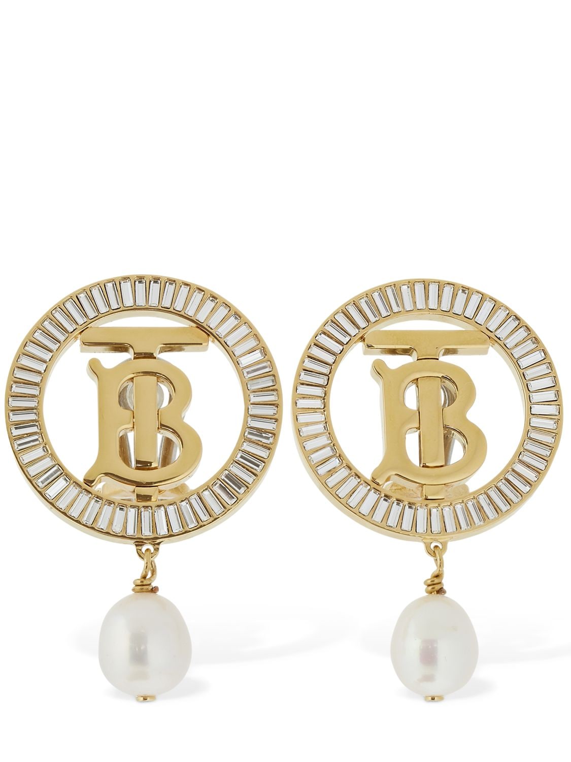 Image of Tb Logo Baguette Pearl Clip-on Earrings