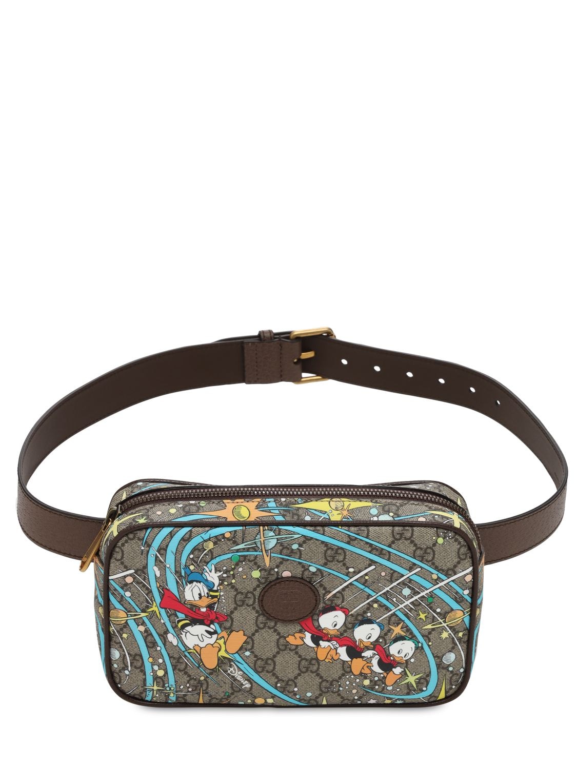 Gucci Disney Leather-trimmed Printed Monogrammed Coated-canvas Belt Bag In Brown