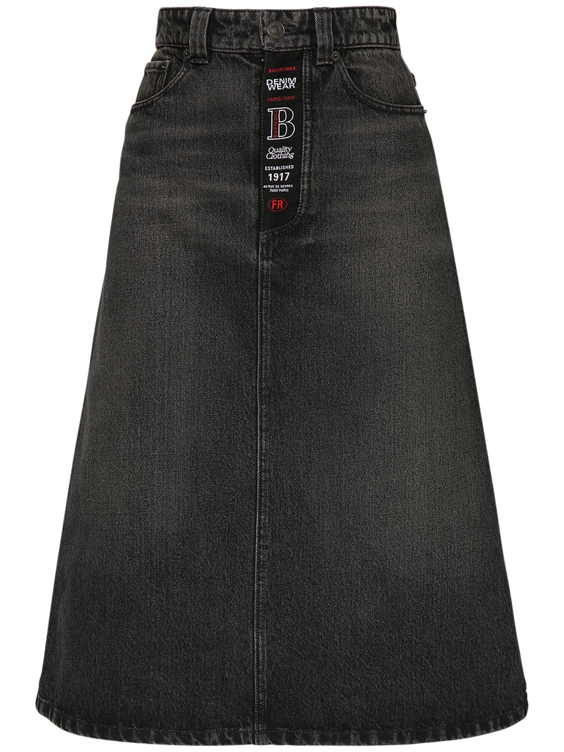 Balenciaga Organic Cotton Denim Midi Skirt In Vintage Black