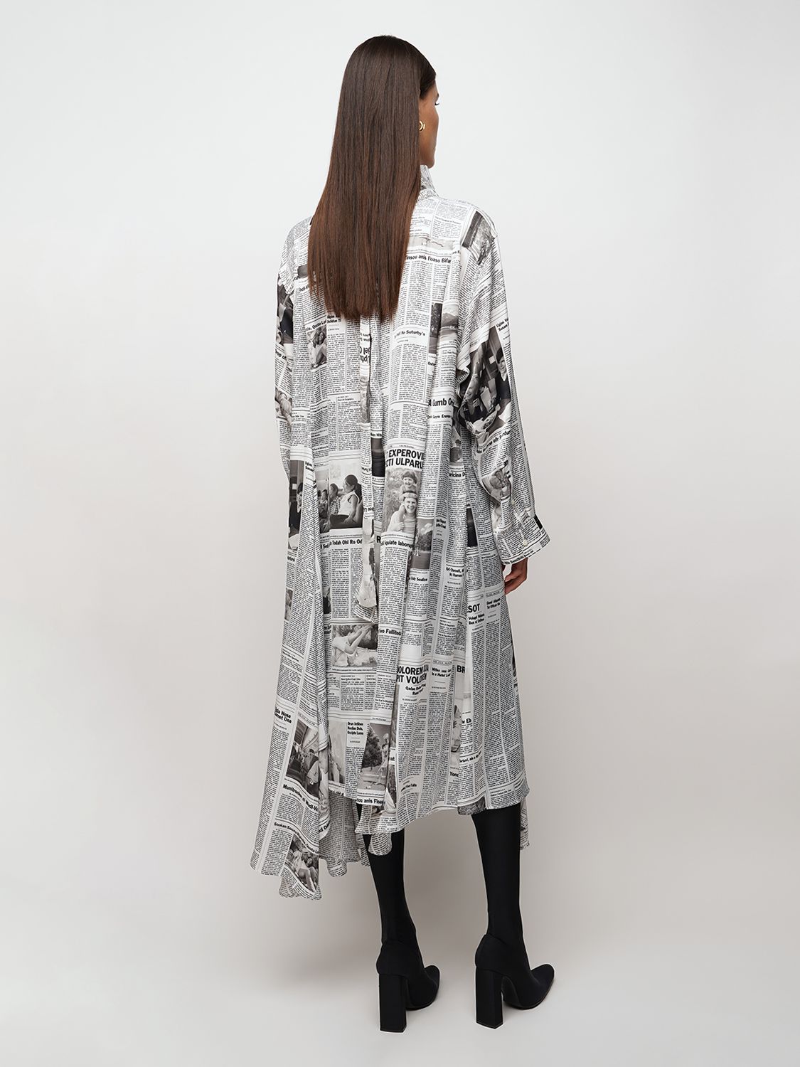 BALENCIAGA NEWSPAPER PRINT LIGHT SATIN DRESS