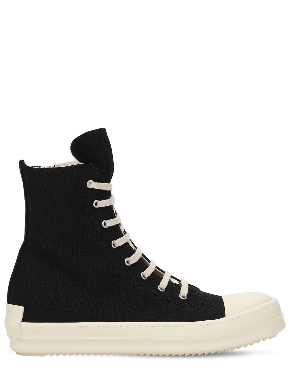 Rick Owens Cotton Canvas High Lace-up Sneakers In Black,milk