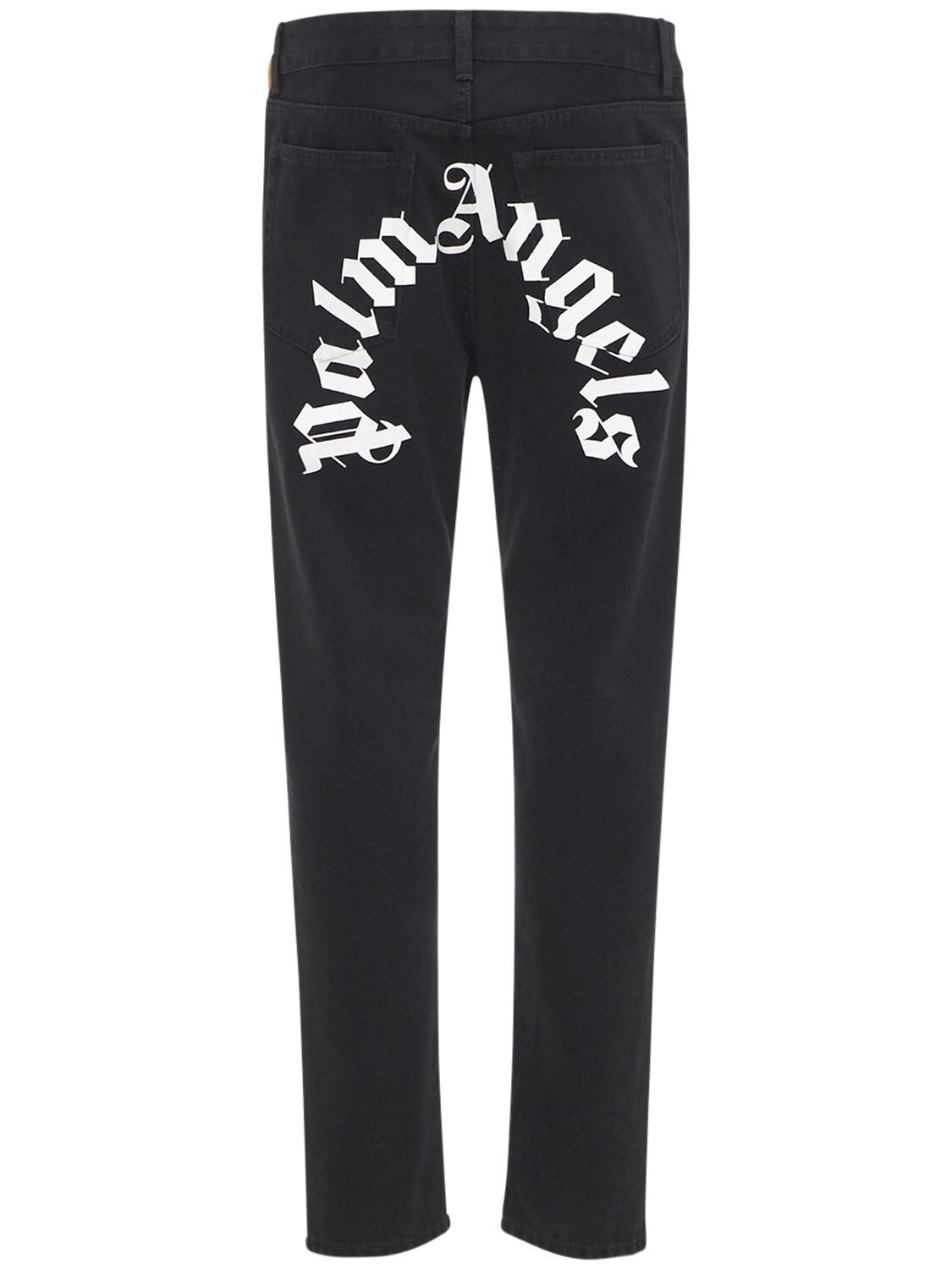 Palm Angels Curved Logo Cotton Denim Jeans In Black,white