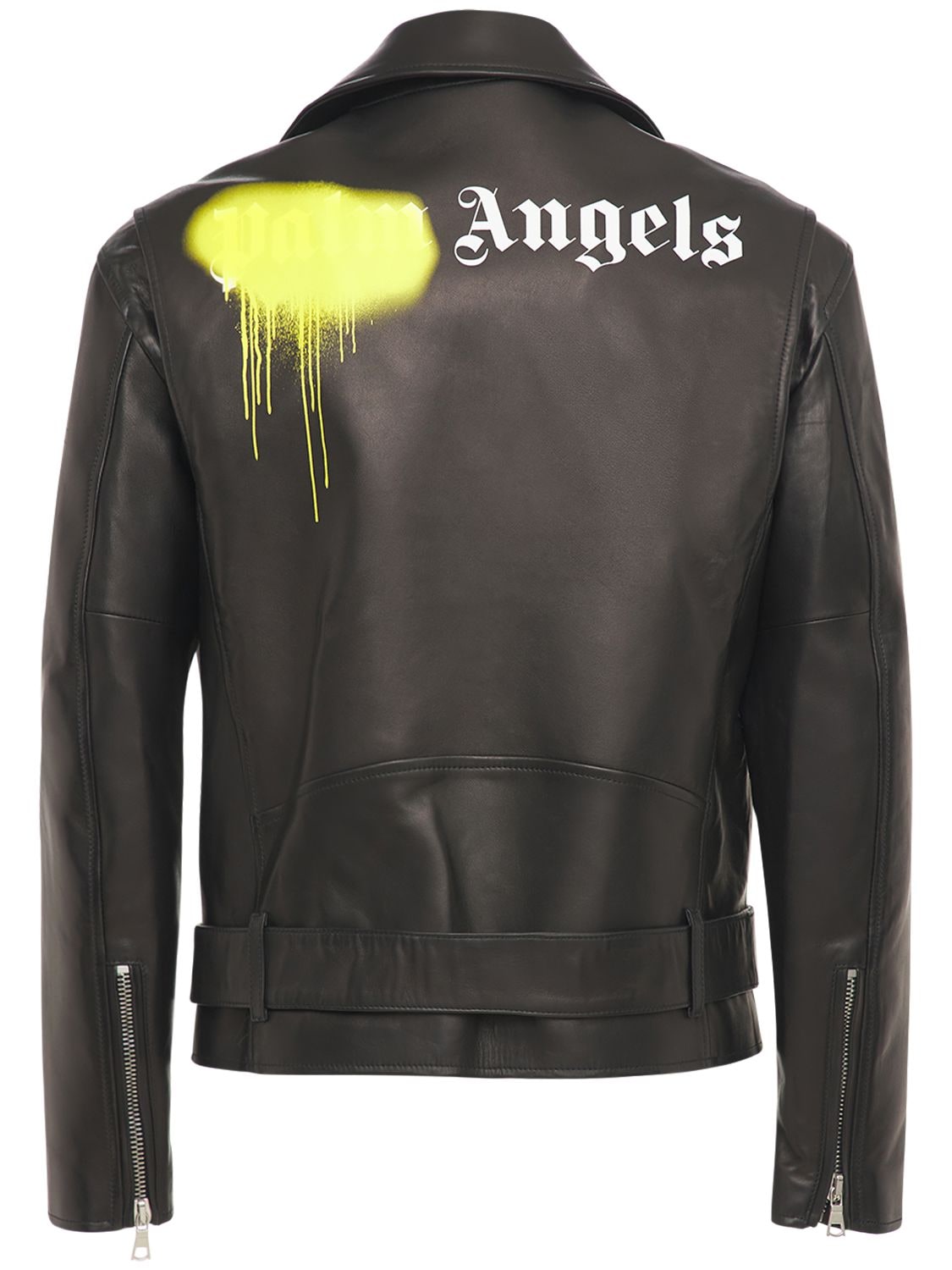 Palm Angels Sprayed Logo Leather Jacket In Black,yellow