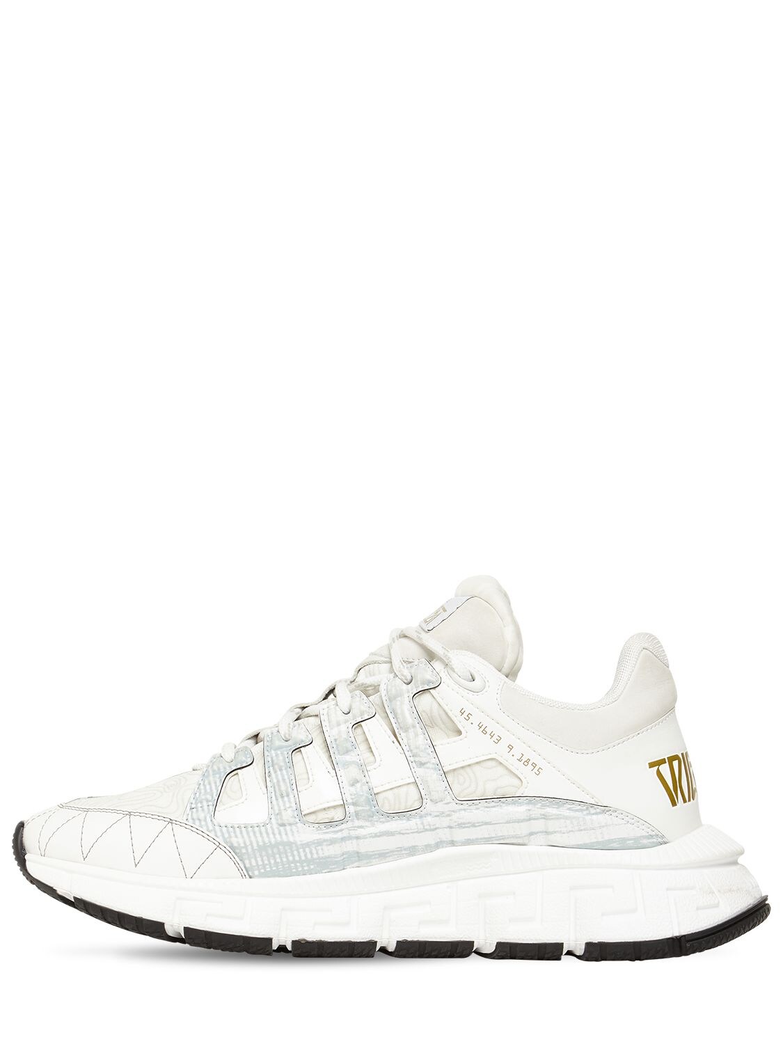 Shop Versace Trigreca Logo Mesh & Leather Sneakers In White,gold