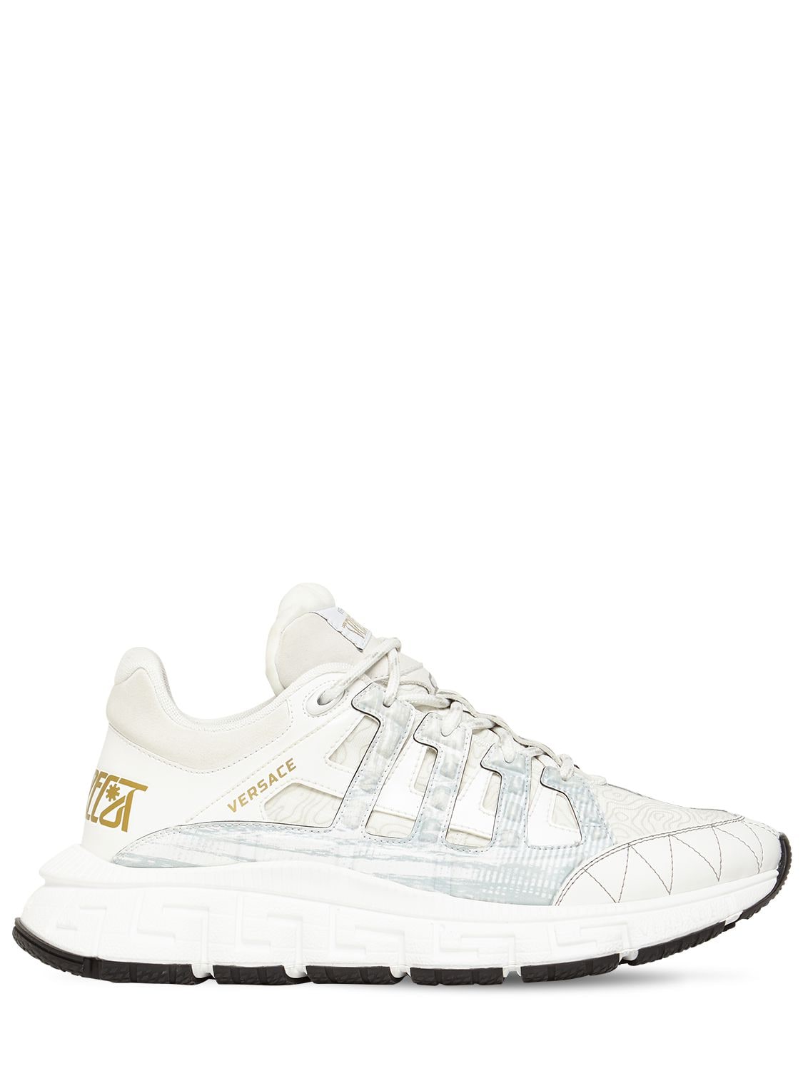 Shop Versace Trigreca Logo Mesh & Leather Sneakers In White,gold