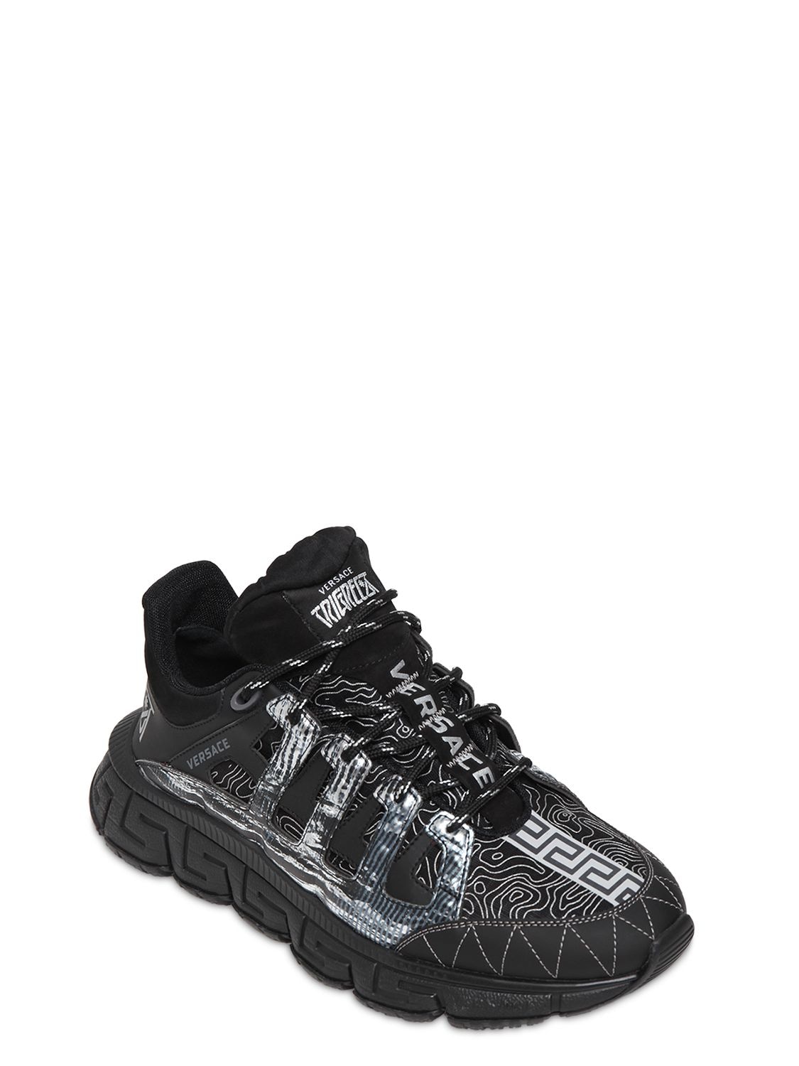 Shop Versace Trigreca Logo Mesh & Leather Sneakers In Black,silver