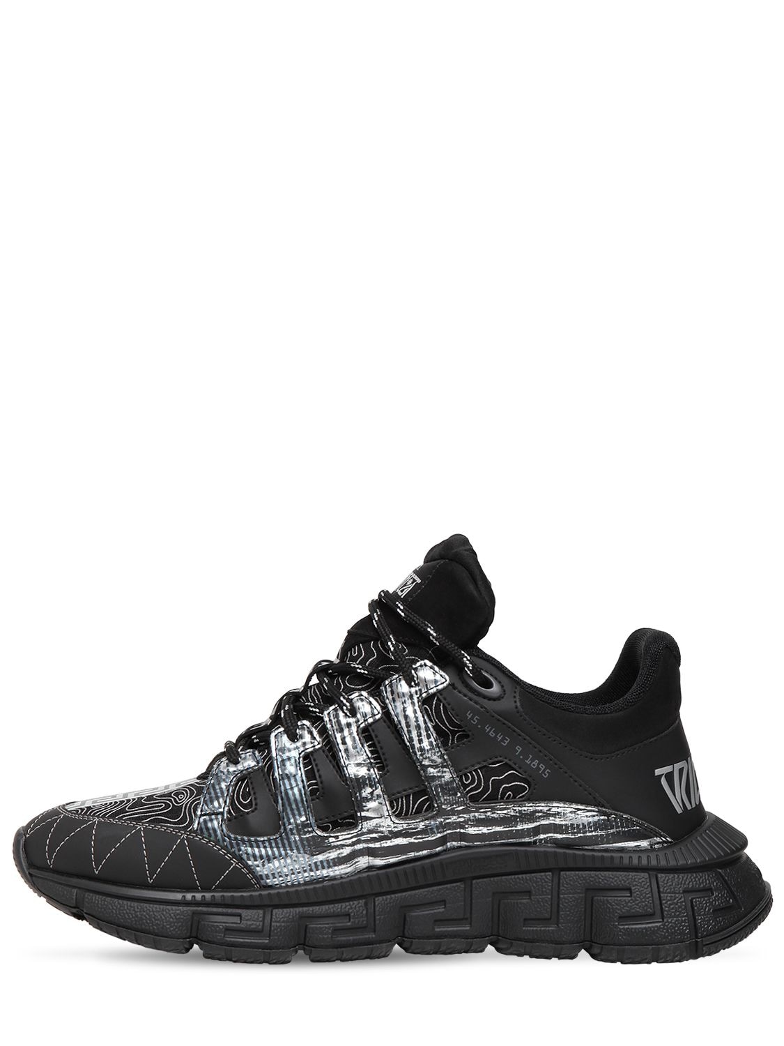Shop Versace Trigreca Logo Mesh & Leather Sneakers In Black,silver