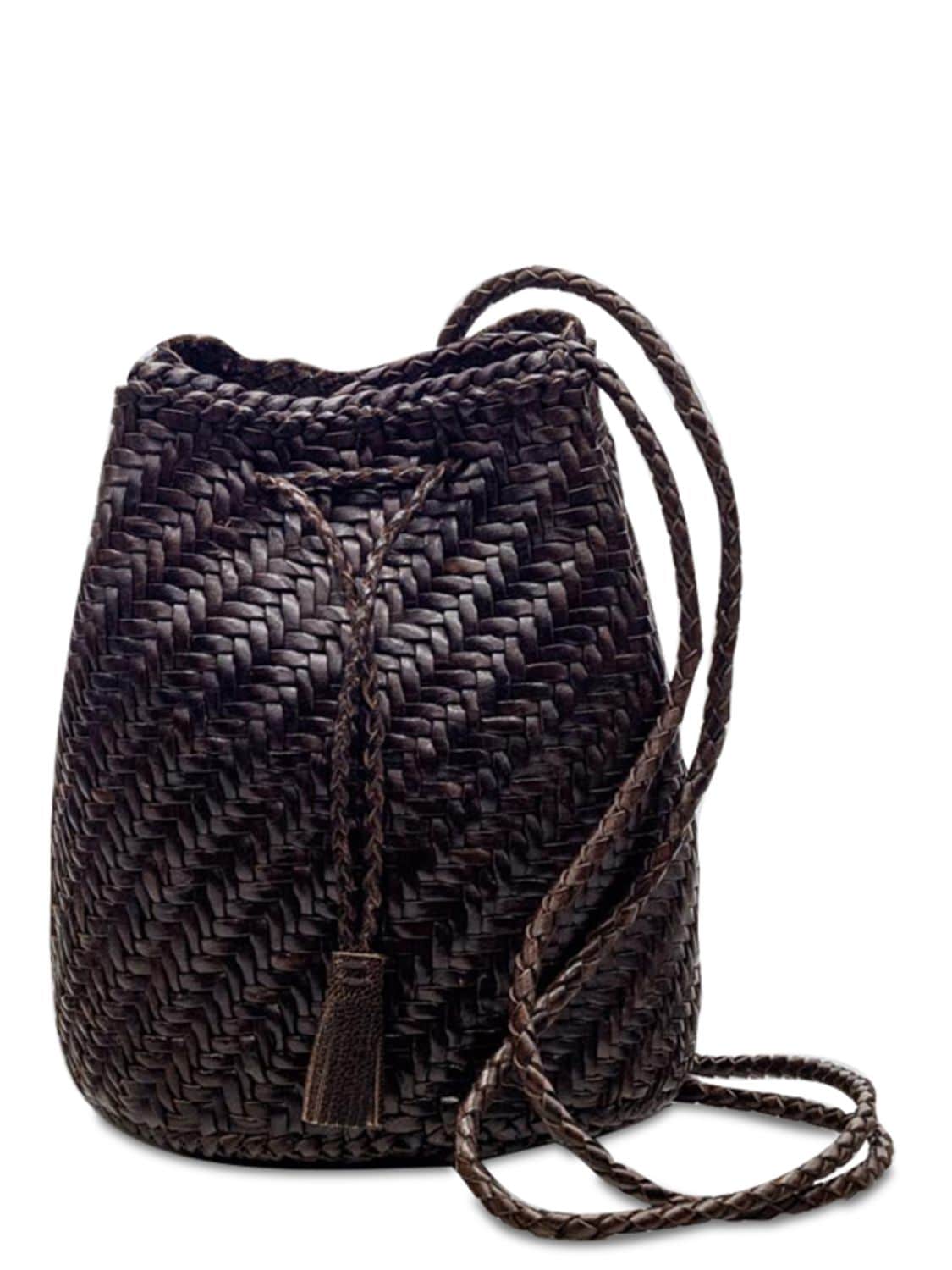 Dragon Diffusion Pompom Doublej Woven Leather Basket Bag In Dark Brown