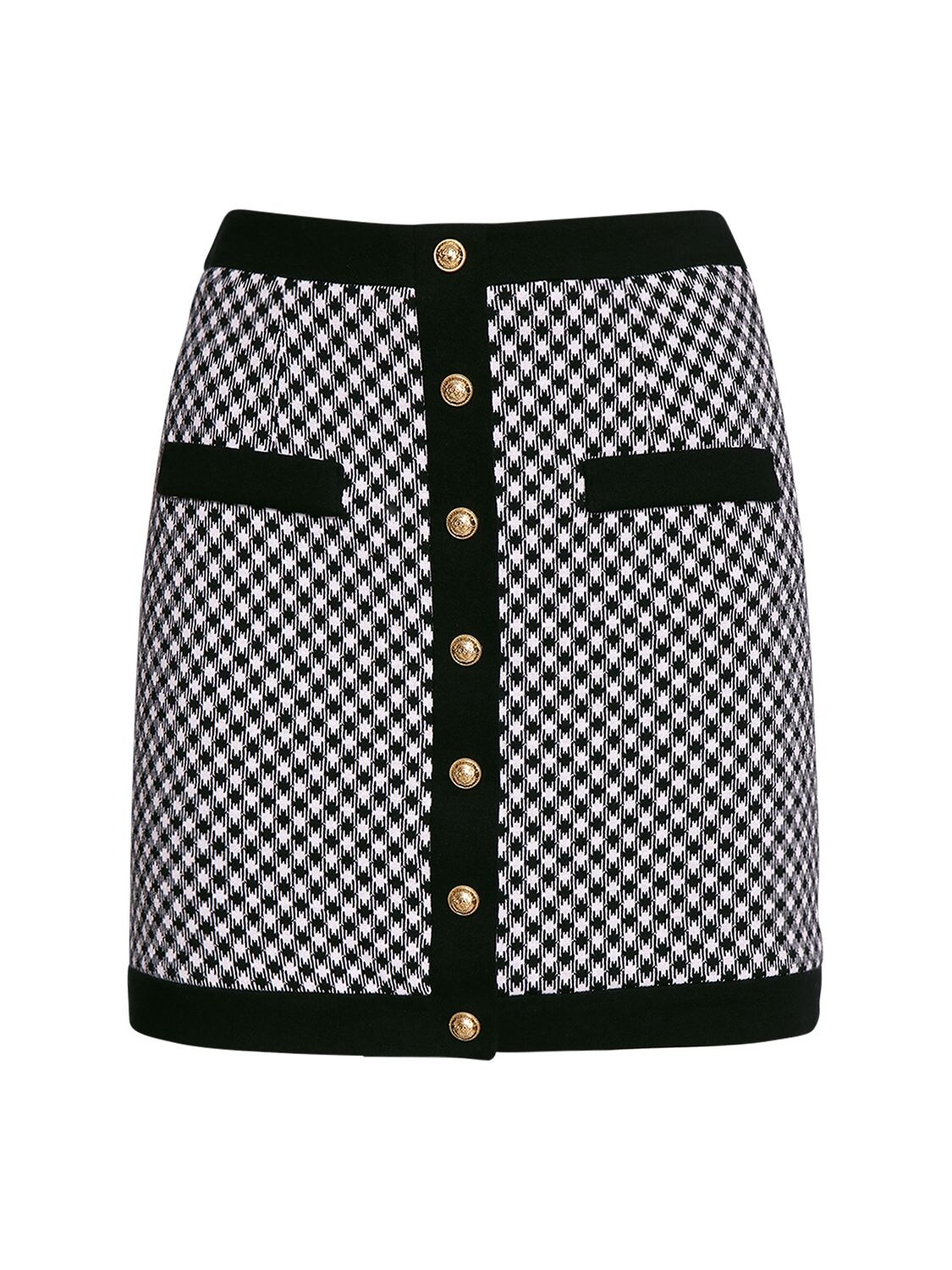 Buttoned Cotton Knit Gingham Mini Skirt