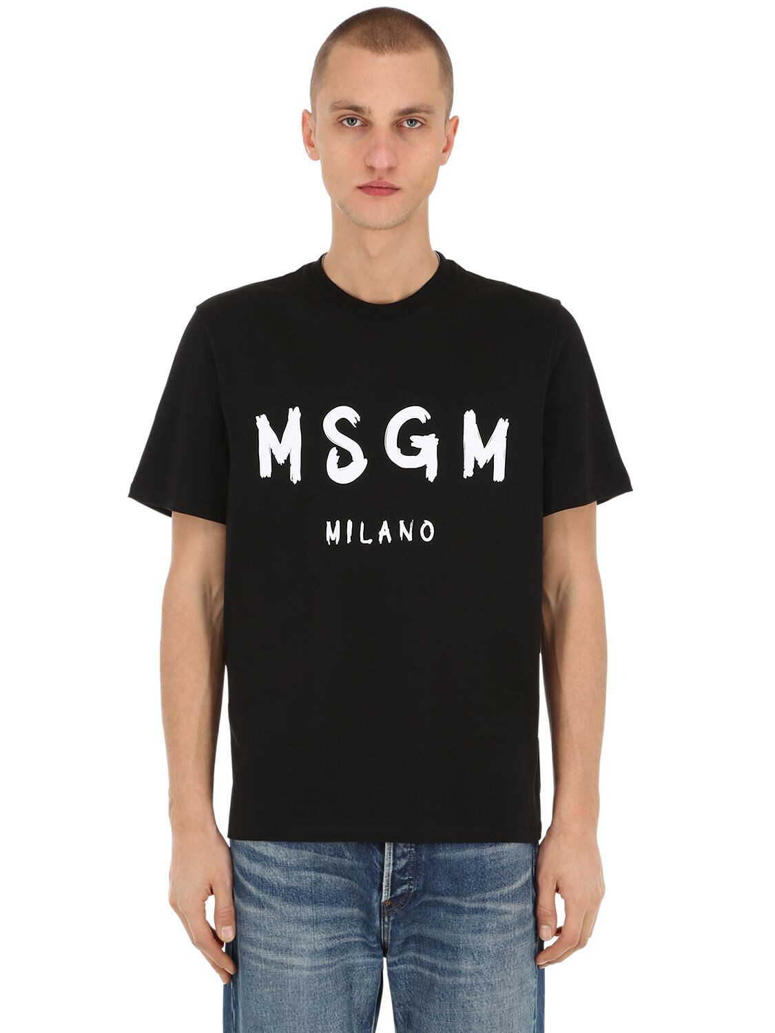 Msgm Vinyl Logo Print Cotton Jersey T-shirt In Black,white