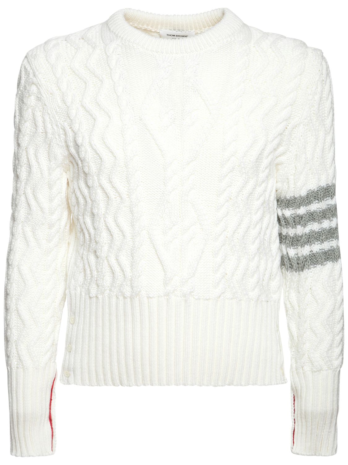 Thom Browne Stripe Aran Cable-knit Merino Wool Sweater In White