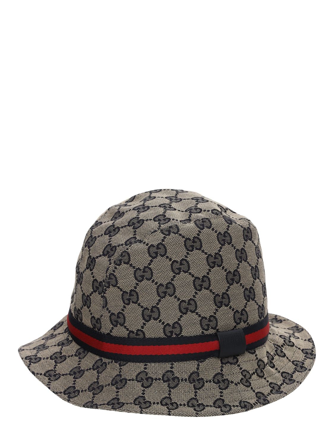 Shop Gucci Gg Supreme Logo Blend Cotton Bucket Hat In Beige,blue