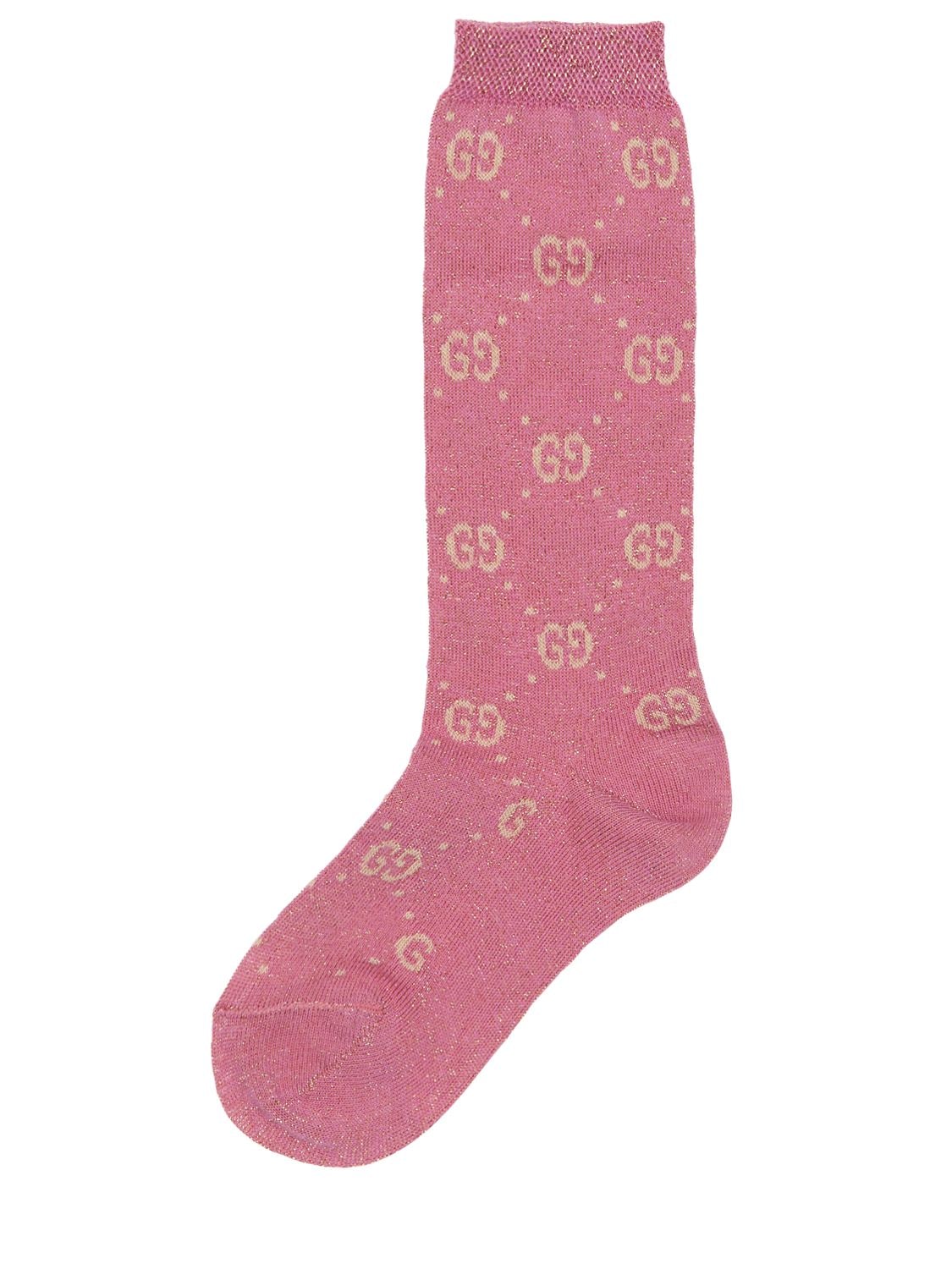 Gucci Kids' Gg Supreme Cotton & Lurex Knit Socks In Pink | ModeSens