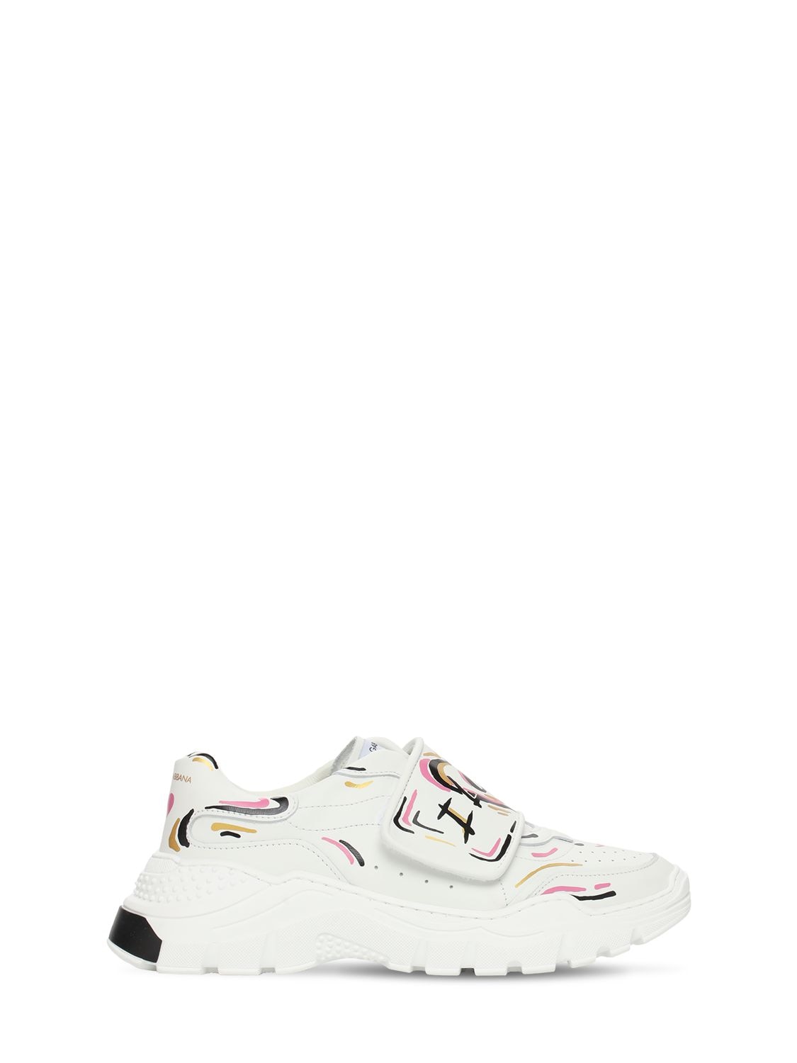 Dolce & Gabbana Kids' Printed Leather Strap Sneakers In White