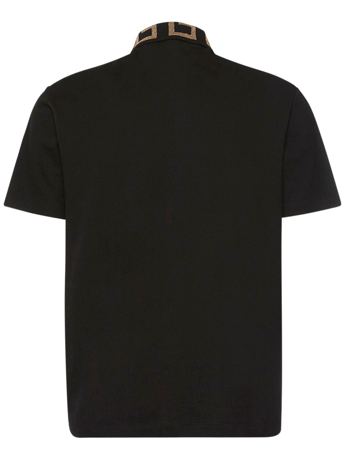 Shop Versace Greca Lurex Cotton Piquet Polo In Black,gold