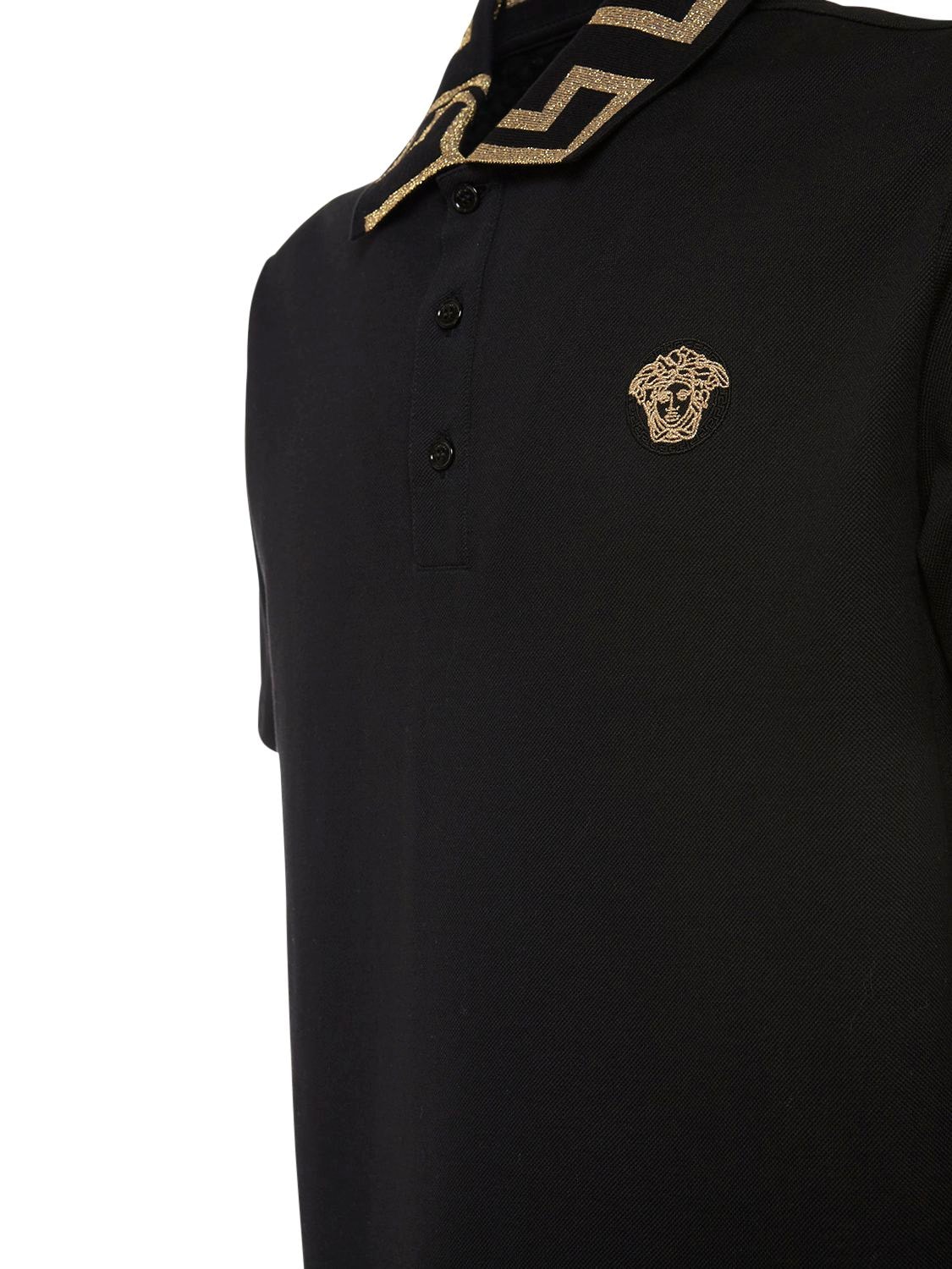 Shop Versace Greca Lurex Cotton Piquet Polo In Black,gold