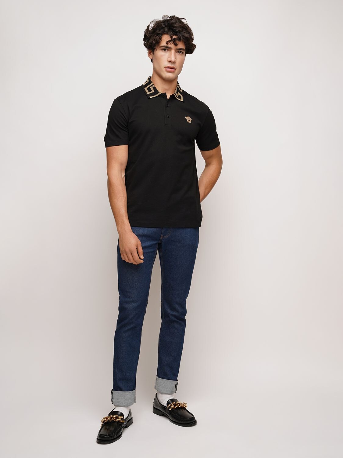 Shop Versace Greca Lurex Cotton Piquet Polo In Black,gold