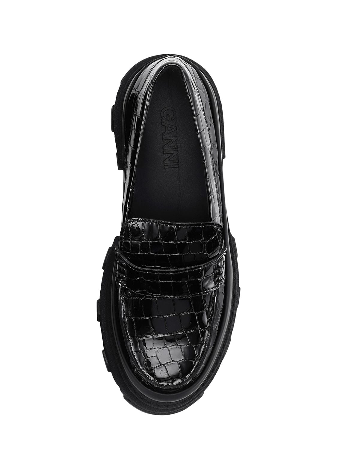 Ganni Women's Croc-embossed Patent Leather Lug Sole Loafers In Black