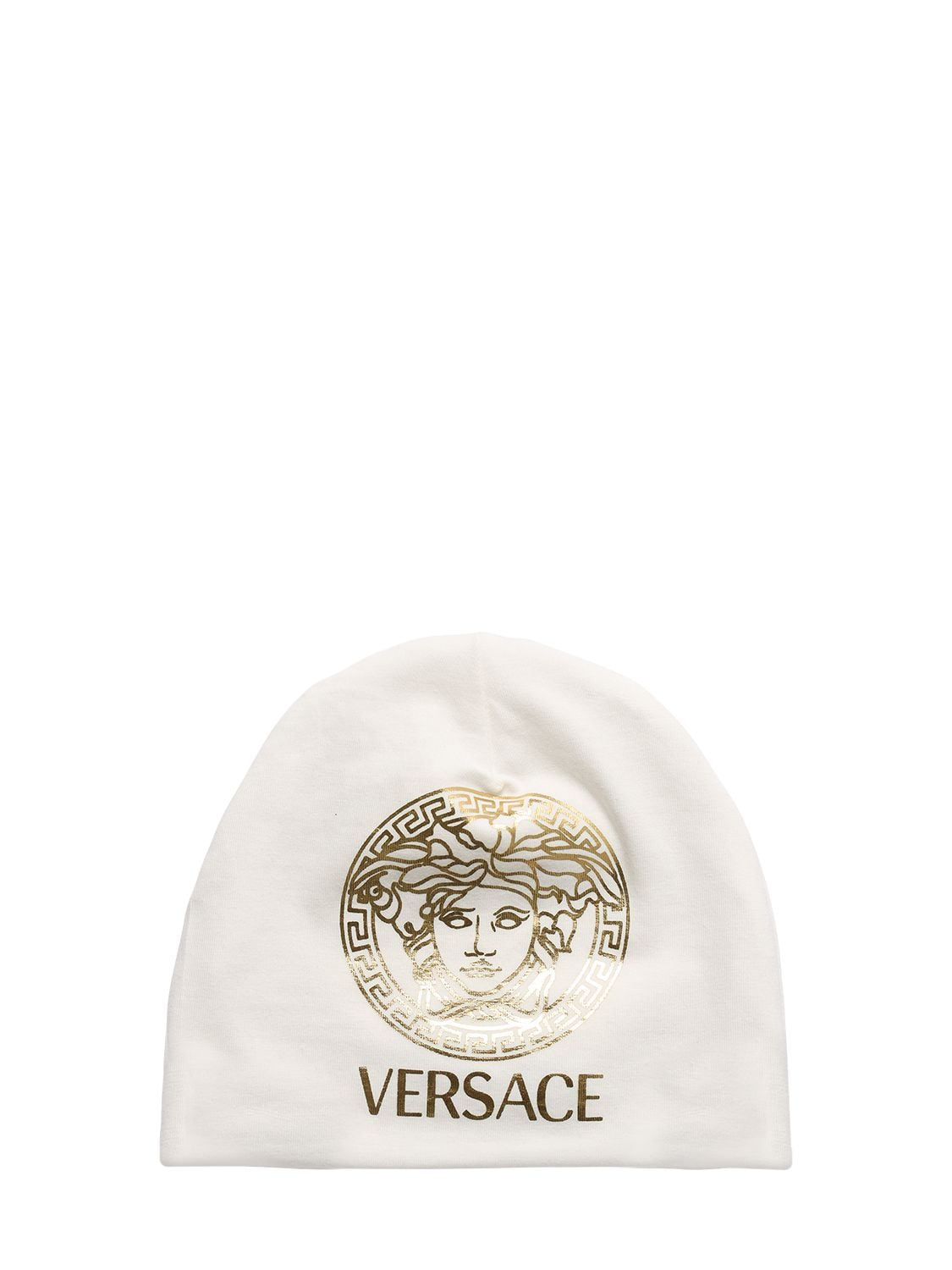 Versace Babies' Medusa Print Cotton Jersey Hat In White
