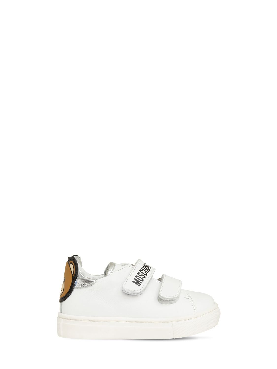 Moschino Kids' Leather Strap Sneakers W/ Patch In White,silver
