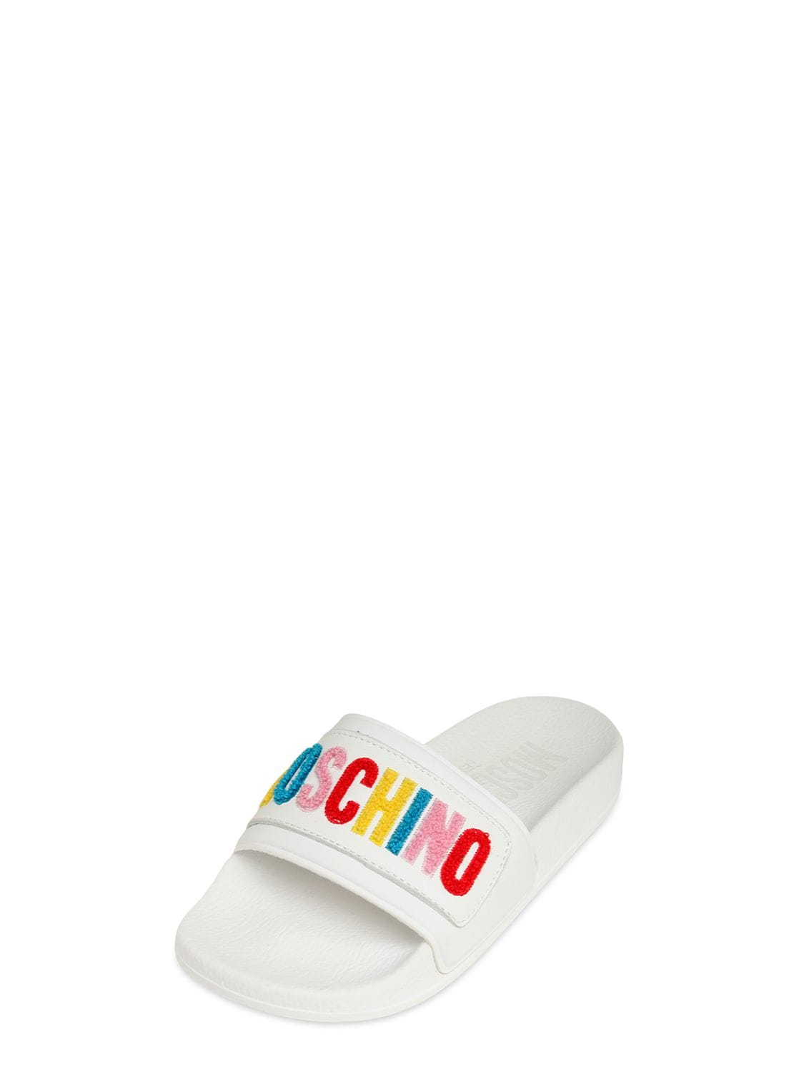 Moschino Kids' Teddy Logo Rubber Slide Sandals In White,multi