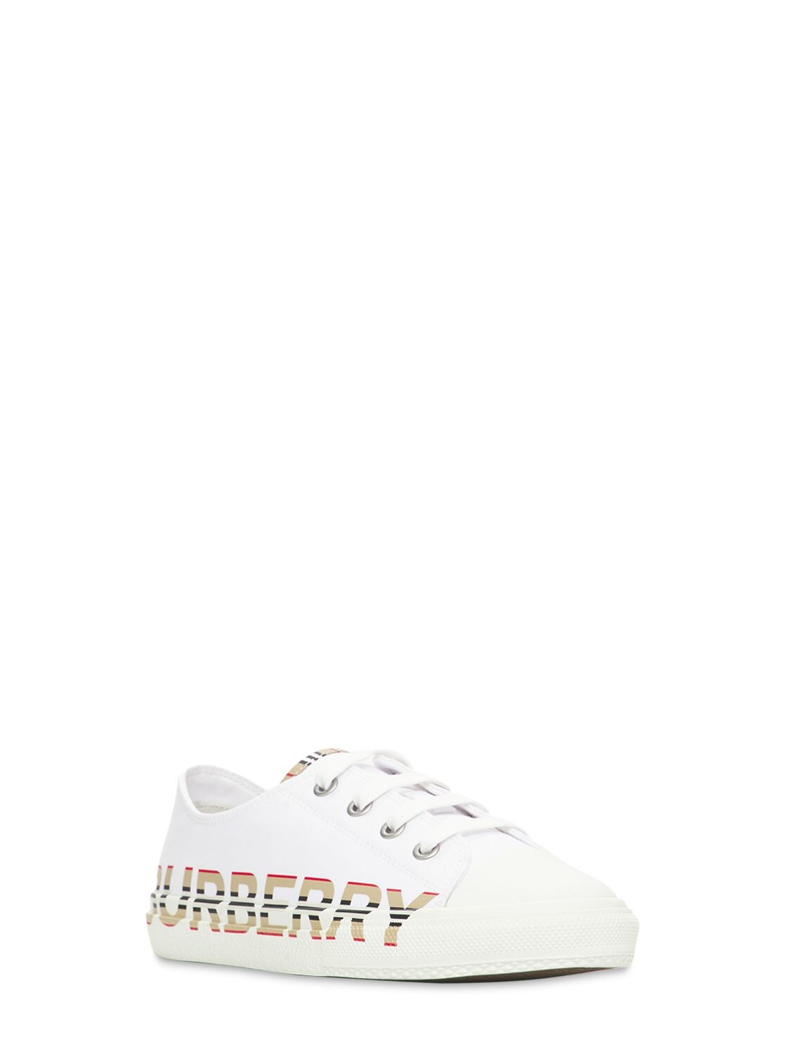 Shop Burberry Icon Stripe Logo Cotton Lace-up Sneakers In White