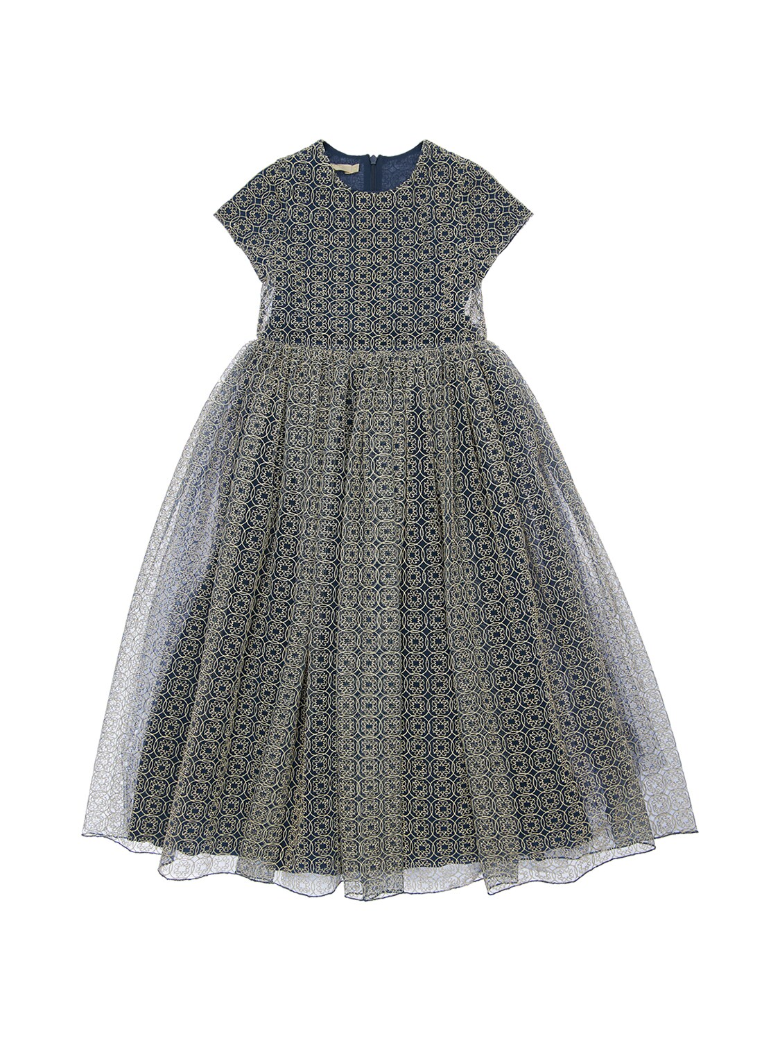 Elie Saab Kids' Embroidered Tulle Long Dress In Navy
