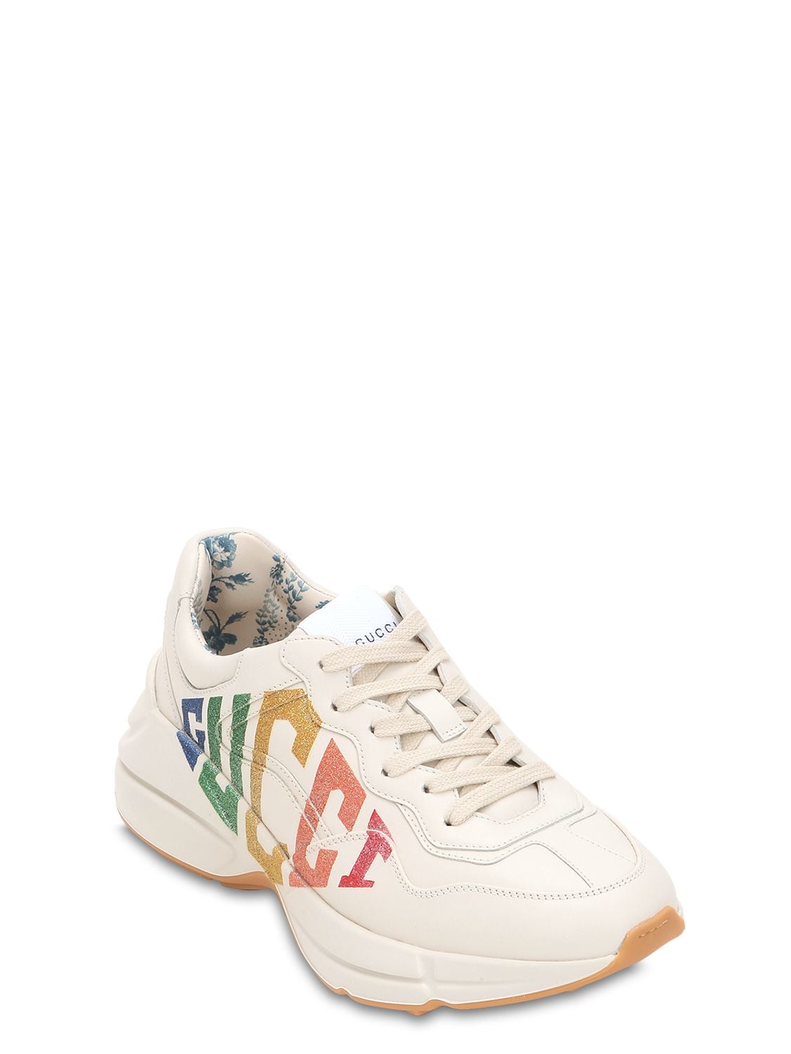 Shop Gucci 50mm Rhyton Glitter & Leather Sneakers In White