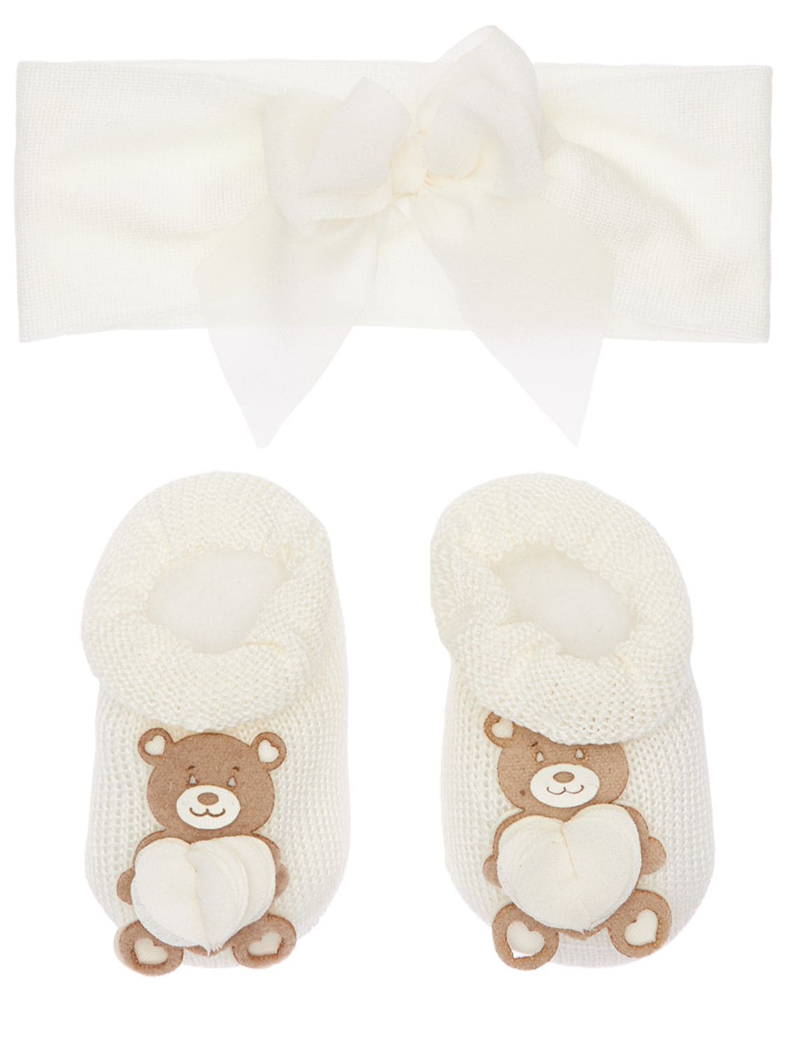 La Perla Babies' Knit Headband & Socks W/ Bear Appliqués In Off White