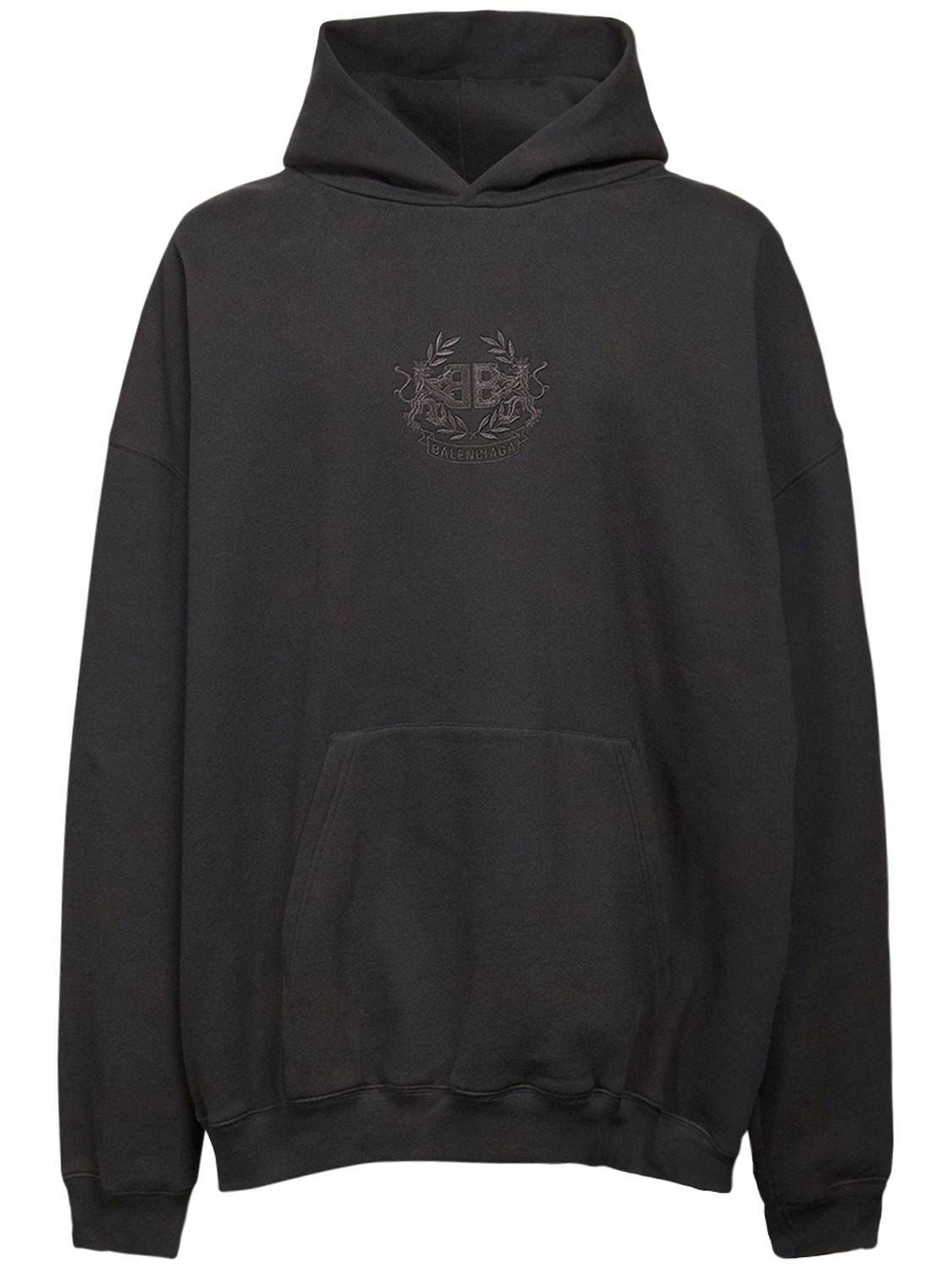 Balenciaga Oversize Logo Embroidery Cotton Hoodie In Black