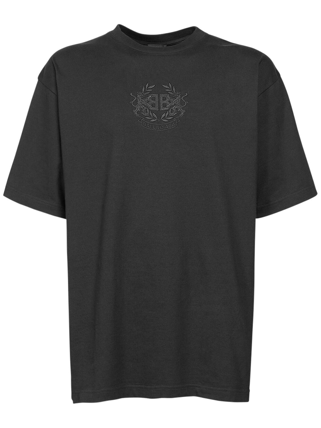 Balenciaga Oversize Logo Embroidery Cotton T-shirt In Black