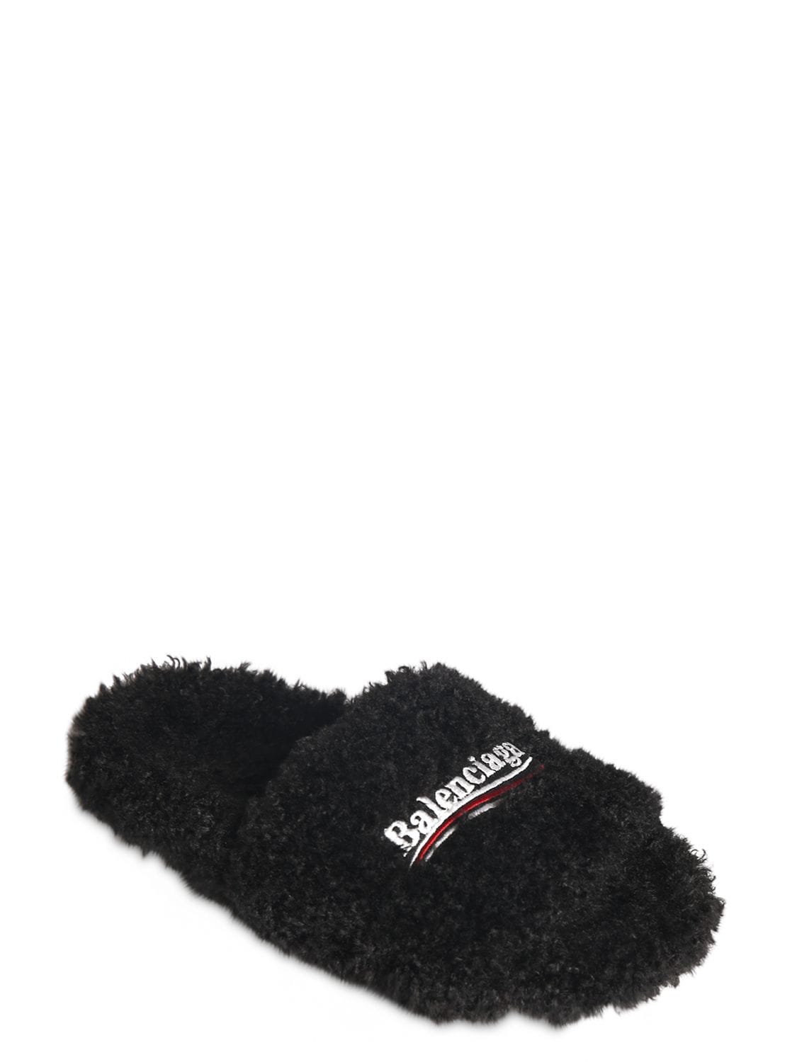 Shop Balenciaga Political Logo Furry Slide Sandals In Black